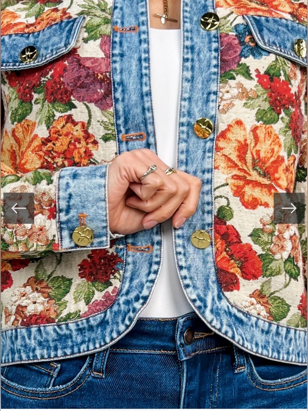NEW VEVERET FLORAL TAPESTRY JACQUARD DENIM STATEMENT JACKET GOLD BUTTONS SIZE M - Picture 8 of 17